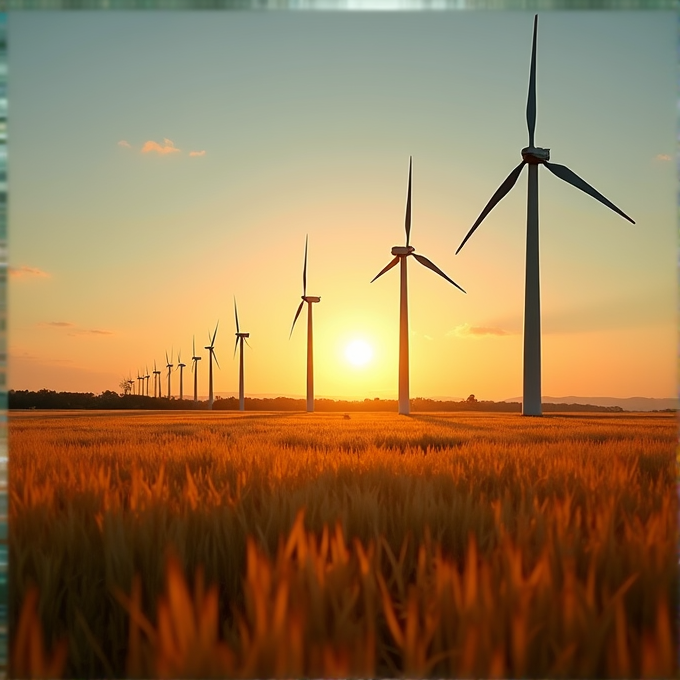 A row of wind turbines stands tall in a golden wheat field as the sun sets, casting a warm glow over the landscape.