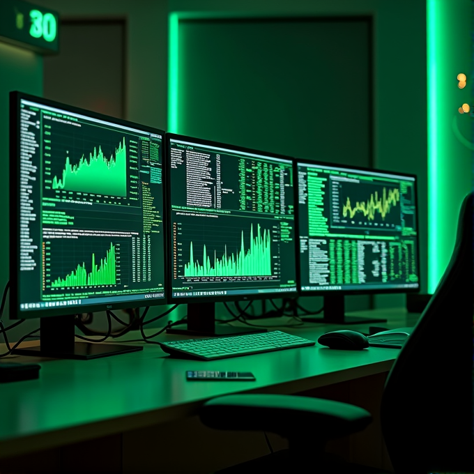 Three monitors display complex graphs and data sets in a green-lit room, creating a high-tech ambiance.