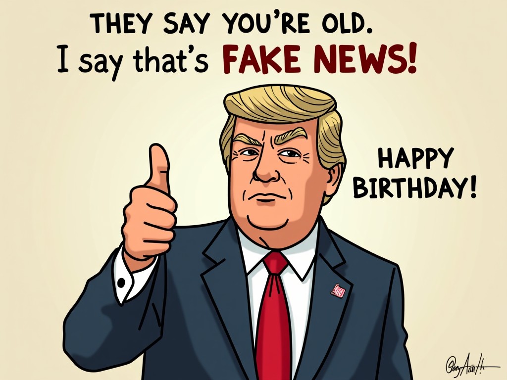 A cartoonish illustration featuring a man with blonde hair and a suit. He is giving a thumbs-up gesture with a confident expression. The text reads 'They say you're old. I say that's FAKE NEWS! Happy Birthday!' The background is light and has a celebratory feel. The man's face is exaggerated in a humorous color palette. The style is playful and colorful, aiming to evoke laughter or amusement for birthday celebrations.