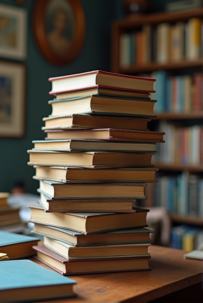 A tall stack of hardcover books sits on a wooden table in a cozy, book-filled room.