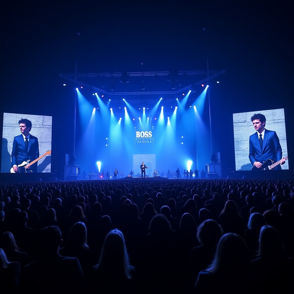 A large crowd at a concert with colorful stage lights and a central performer. The atmosphere is alive with blue hues. Screens display a visualizer related to Hugo Boss.