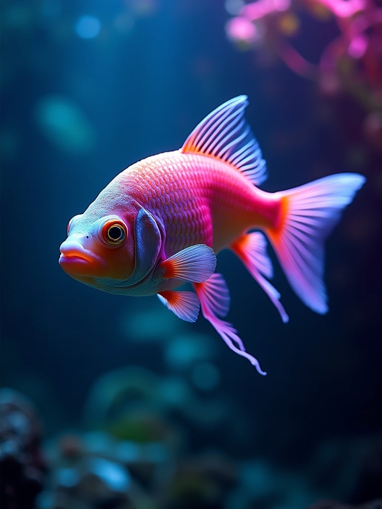 A vibrant fish swims gracefully underwater by a rainbow RGB gaming PC. The setting is colorful with rich hues and playful lighting.