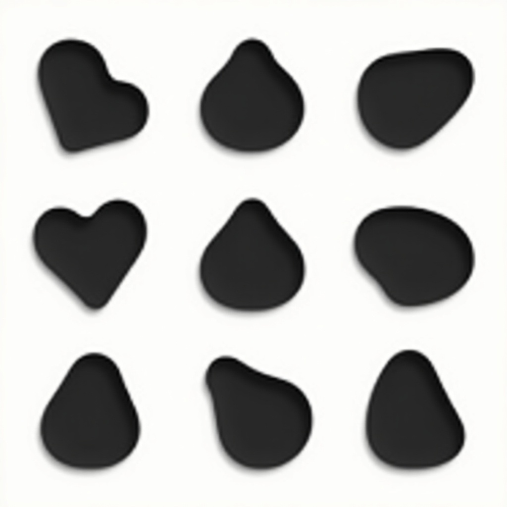 Grid of nine organic shapes in black on white. Modern minimalist aesthetic. Three-dimensional quality suggested. Stylish reference for designers.