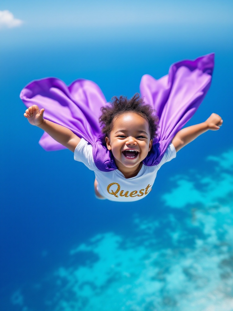 Picture a joyous baby girl soaring high above the Caribbean Sea. She wears a purple cape. She has a white shirt with the word Quest in gold threads. Below is the sparkling turquoise sea. This image conveys adventure. It captures exploration and discovery as the baby flies.