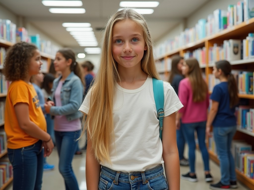 A young girl standing in a school library, surrounded by bookshelves and other students in the background, smiling confidently.