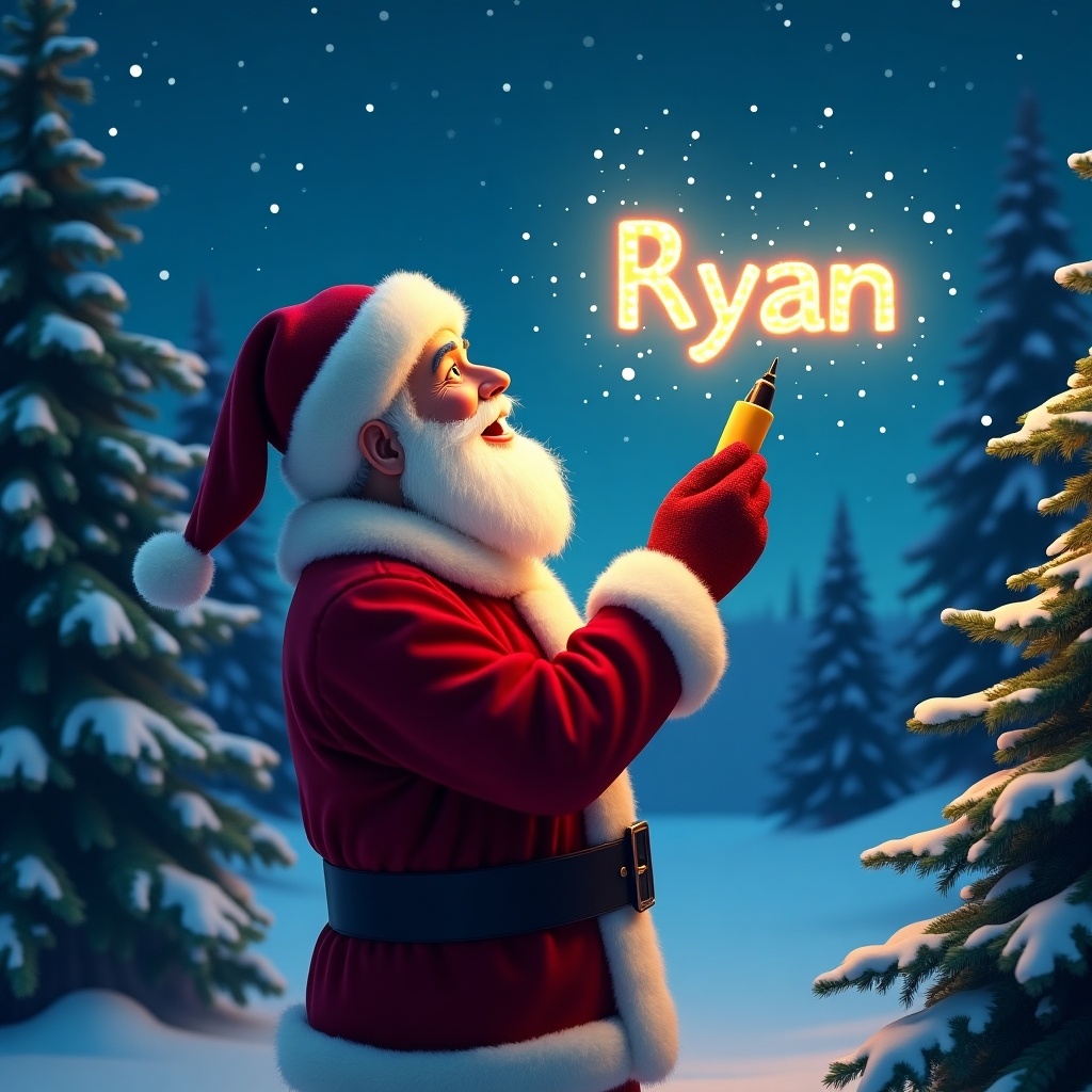 A Christmas scene features Santa Claus joyfully writing the name 'Ryan' in the night sky. Santa looks upwards with a happy expression. The background has soft winter colors and twinkling stars. The text glows brightly, emphasizing holiday spirit. Pine trees frame the scene, enhancing the festive vibe.