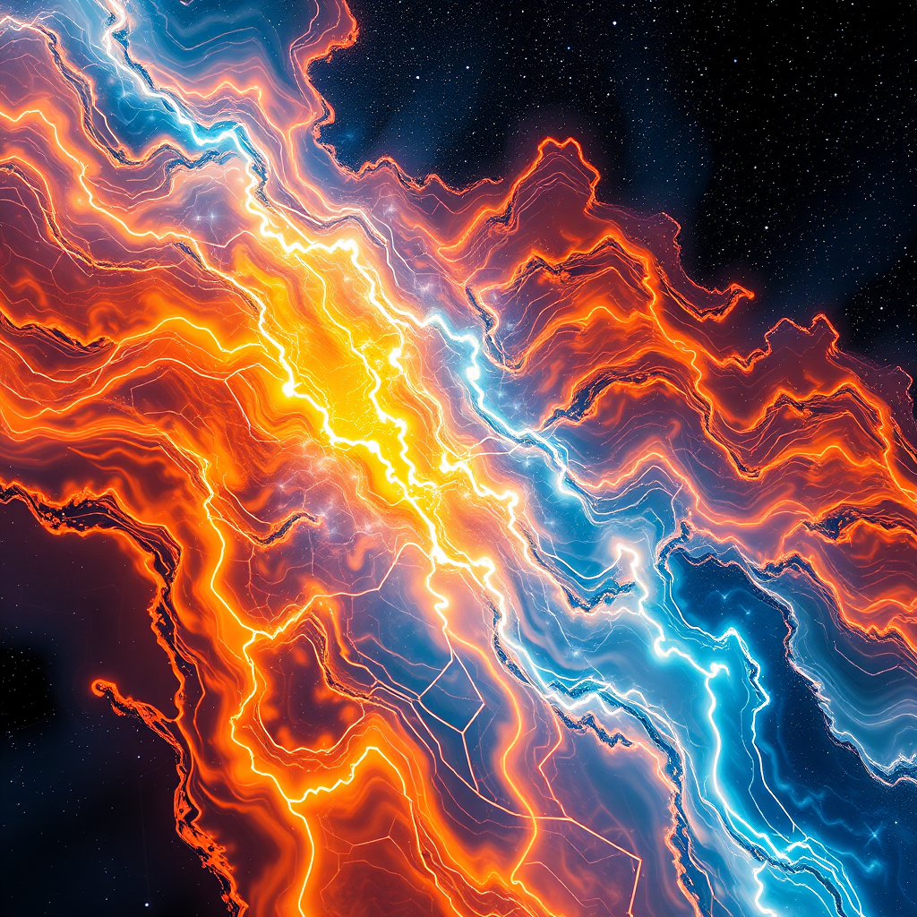 Bright orange and blue waves of energy flow in a dark, starry background.