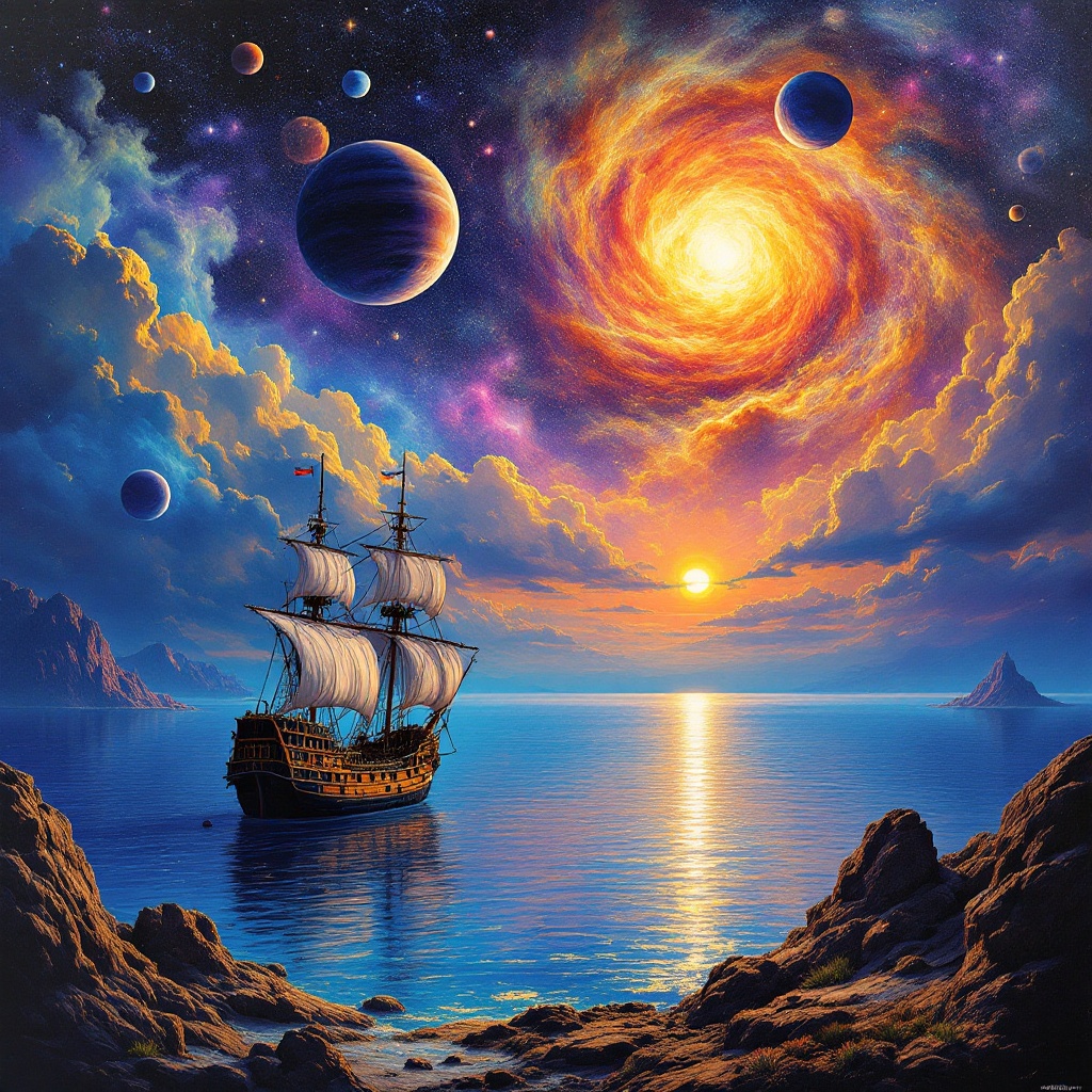 This artwork depicts an imaginative landscape in outer space. It features a moored galleon in a tranquil sea bay. A dramatic sunset transitions from deep blues to vibrant oranges on the horizon. Above, nebulas and planets float majestically in a starry sky. This piece combines psychedelic art with themes of futuristic exploration and spirituality.