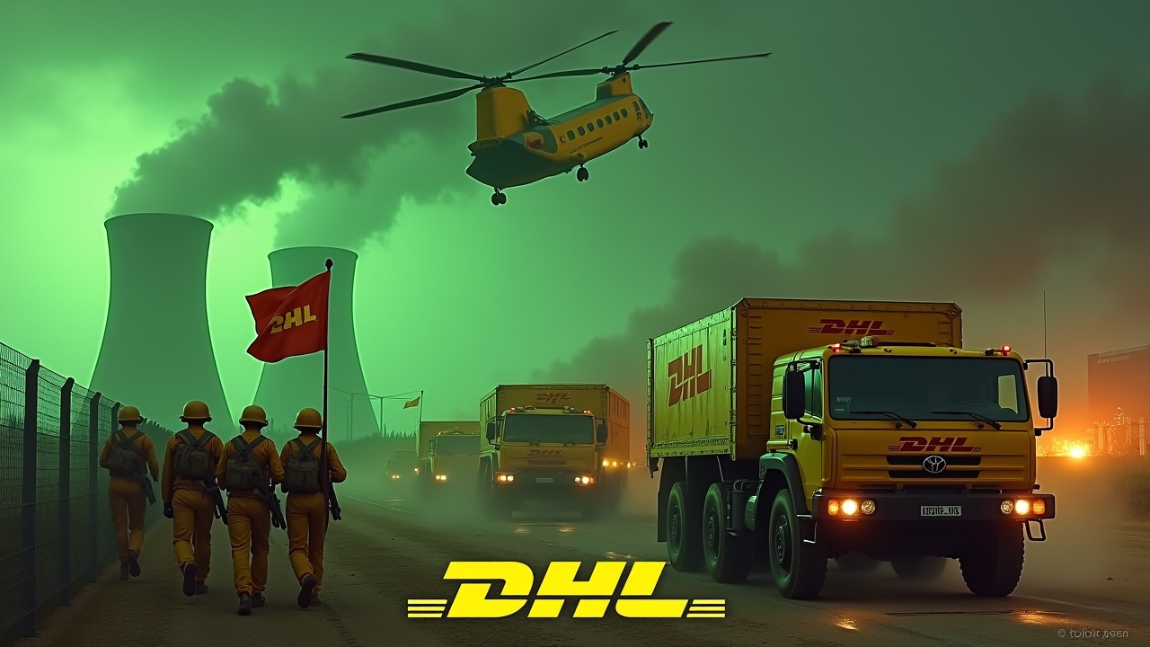 In a dramatic scene, several large yellow armored trucks equipped with double barrel roof-mounted cannons drive up to a fence. The sides of the trucks clearly show the DHL logo. Nearby, several soldiers wearing yellow uniforms and holding rifles are seen marching together in unison. One soldier is holding a large flag with the DHL logo clearly visible. In the background, we can see the prominent smokestacks of a nuclear power plant, glowing green. The sky is awash with an evil green glow, and a large yellow Chinook CH-47 cargo helicopter flies above, adding to the intensity of the scene. At the bottom, we see the DHL logo, displayed in bold, yellow text.