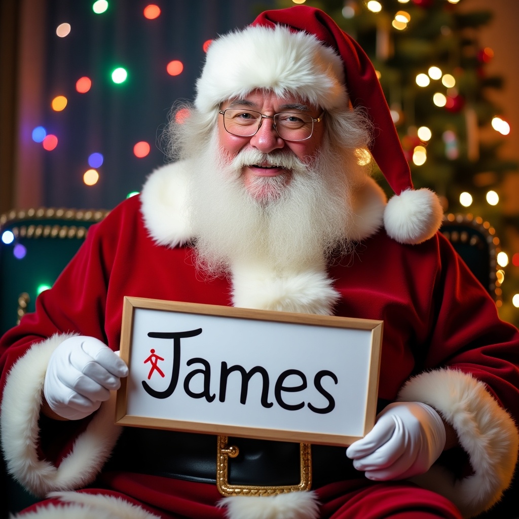 The image features a cheerful Santa Claus sitting in a cozy setting, surrounded by festive lights. He is holding a sign that reads 'James.' The warm glow of the decorations creates a welcoming atmosphere. Santa's bright red outfit with white fur accents adds to the holiday spirit. This image symbolizes joy and inclusivity, reflecting the connection to autism awareness. Santa's friendly smile evokes feelings of happiness and warmth.