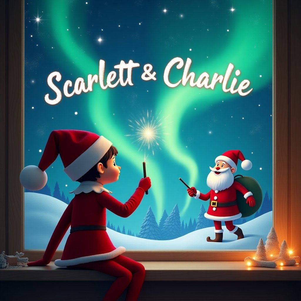 Elf on the shelf facing the sky with a wand. Magical Christmas background. Northern lights visible. Santa writing names in the sky. Names Scarlett & Charlie appear elegantly.