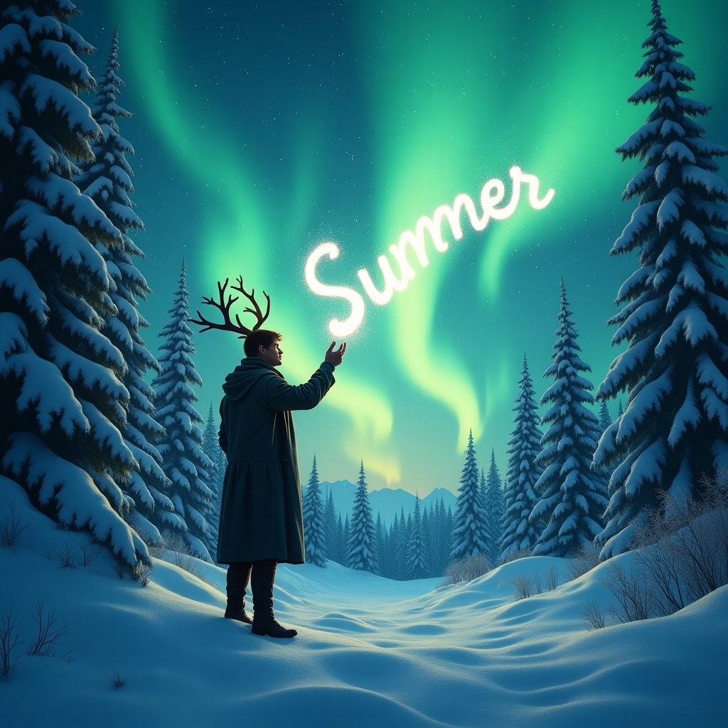 A mystical scene depicts an elf standing in a snow-covered forest. Vibrant northern lights illuminate the sky in shades of green and blue. The elf adorns antlers, gazes in awe at the spectacle. Snow-laden trees surround him, creating a serene winter wonderland. Using a magic wand, the elf writes 'Summer' in the air, enhancing the magical feel.