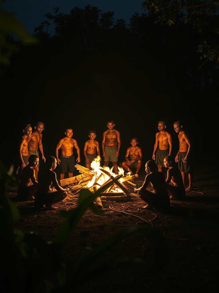 In the dim glow of evening, a group of individuals gather around a bright campfire. The fire's warmth illuminates their faces and the surrounding darkness, creating an intimate and communal atmosphere. The silhouettes of trees in the background add to the rustic and natural setting of the scene.