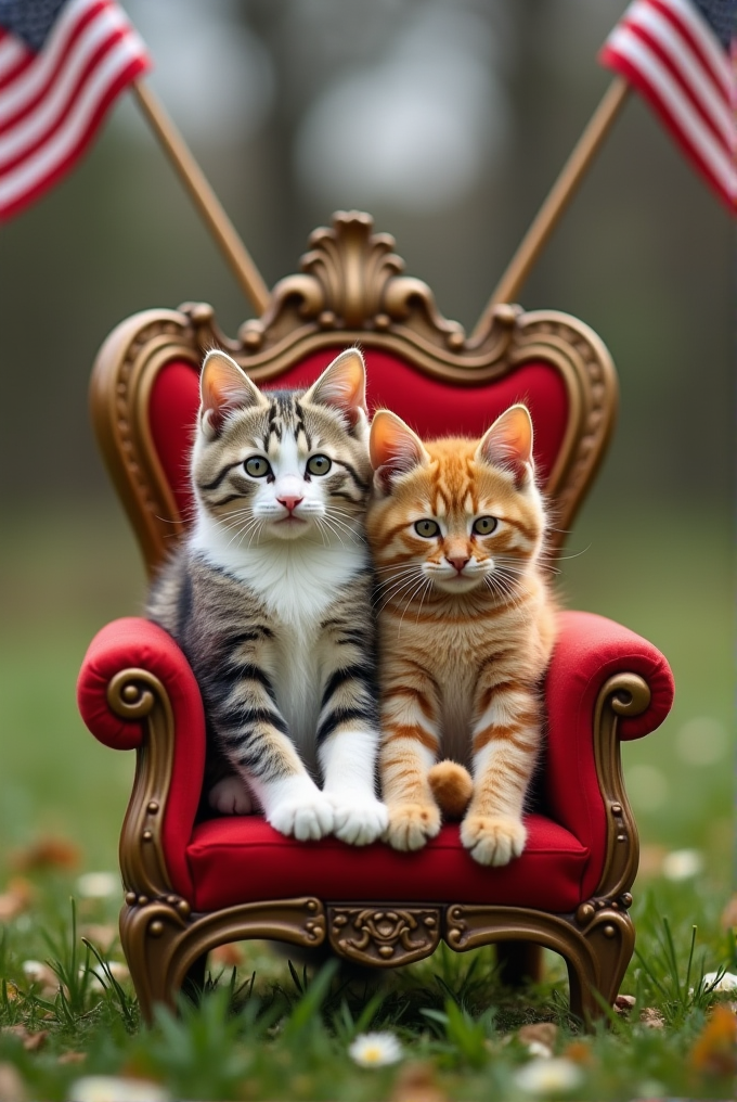 Two kittens sit on a luxurious red chair with flags in the background.