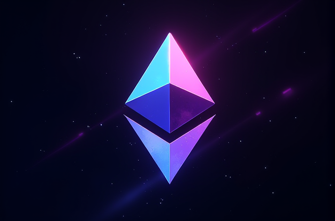 A glowing Ethereum logo in pink and blue hues against a starry background.