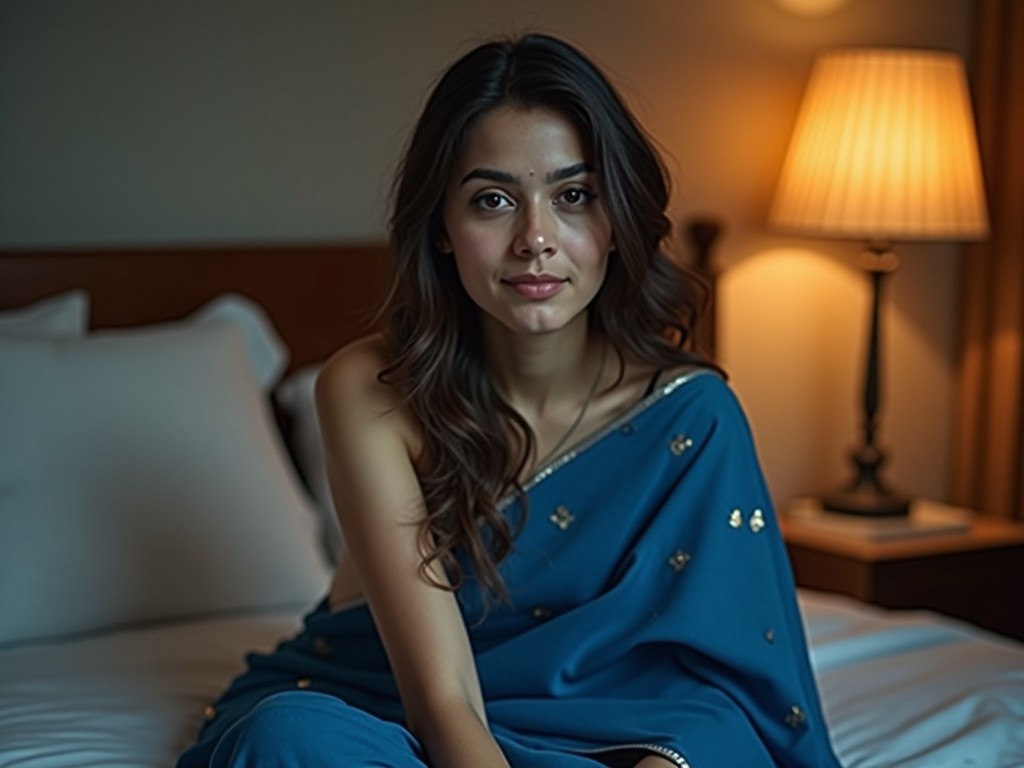 A beautiful 21-year-old girl from Mumbai is sitting on her bed, wearing a stunning blue saree. Her natural beauty shines through as she has no makeup on, having just woken up. The room is softly lit by a lamp, adding a warm ambiance. She exudes a charming and relaxed vibe. The bedding adds a cozy touch to the scene. This captures a candid moment of grace and elegance in her private space.