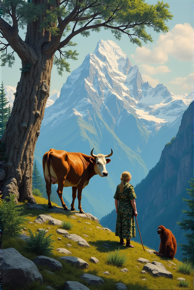 A person stands on a hill with a cow and an ape, overlooking snow-capped mountains.