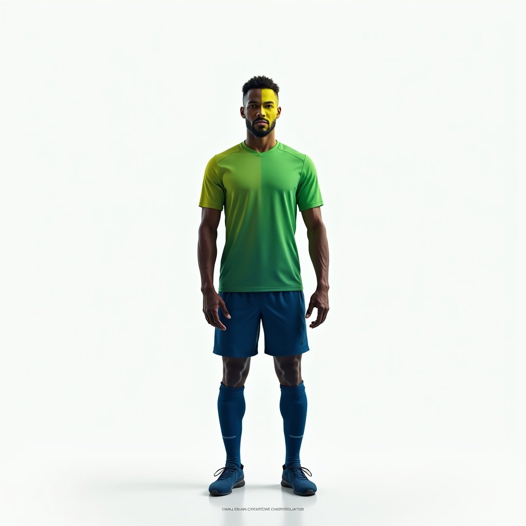 Photorealistic image of a male soccer player standing upright. Silhouette divided into three sections: bottom section blue representing talent, middle section green for hard work, top section yellow for appearance. Player in relaxed, confident stance with seamless integration of sections. Clean background for focus.