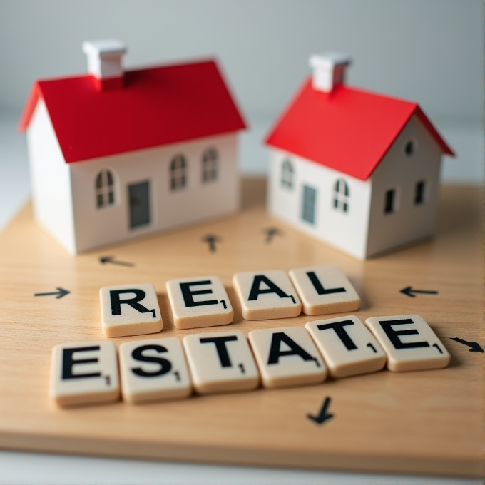 Two small, white houses with red roofs stand behind Scrabble tiles spelling 'REAL ESTATE' on a wooden surface.