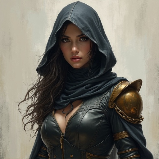 Imagery of a female Dullahan character. She wears a detailed black leather outfit with golden armor accents. The depiction features a hood covering her head. The background presents an abstract and neutral tone, enhancing focus on the figure.