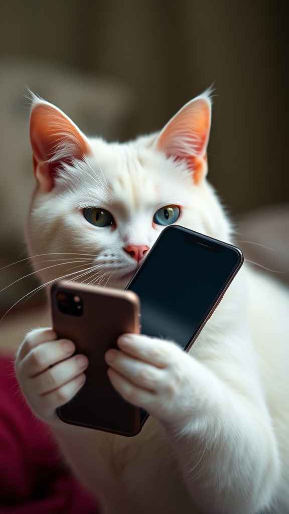 A white cat playfully holding a smartphone.