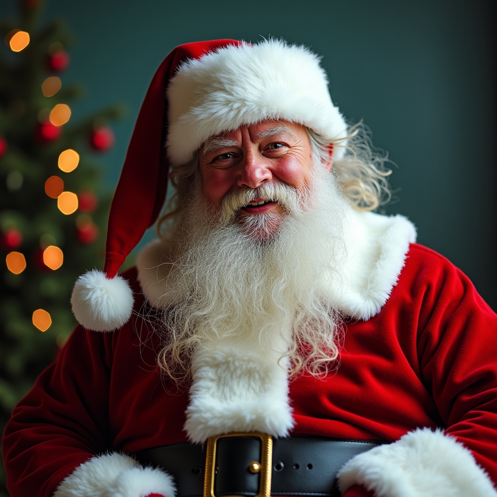 The image features Santa Claus sitting cheerfully with a bright smile. He wears a classic red suit with white fur trims and a matching hat. The background has a softly lit Christmas tree with twinkling lights. Santa's long white beard adds to his jolly appearance. This scene captures the essence of holiday spirit and joy, perfect for festive celebrations.