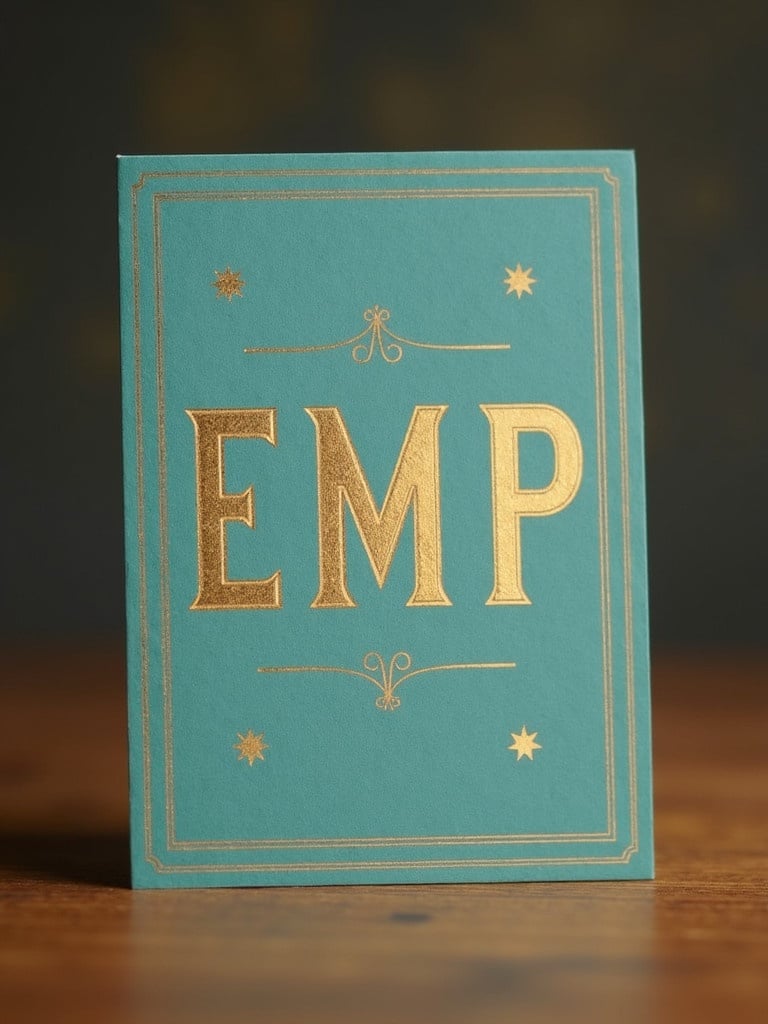 Vintage-style invitation card with golden letters EMP on teal background. Placed on wooden table.