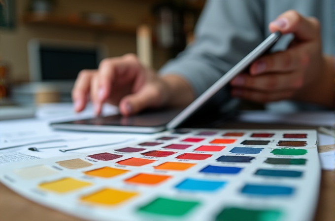 A person is using a tablet while looking at a color palette on a table.