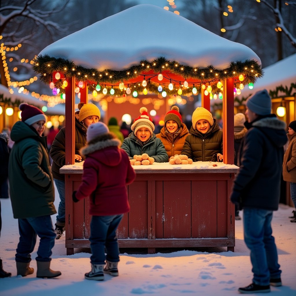 Create a festive scene of a Christmas booth game with children playing beanbag toss. Snow-covered landscape surrounds colorful stalls. Kids smiling and enjoying winter fun together.