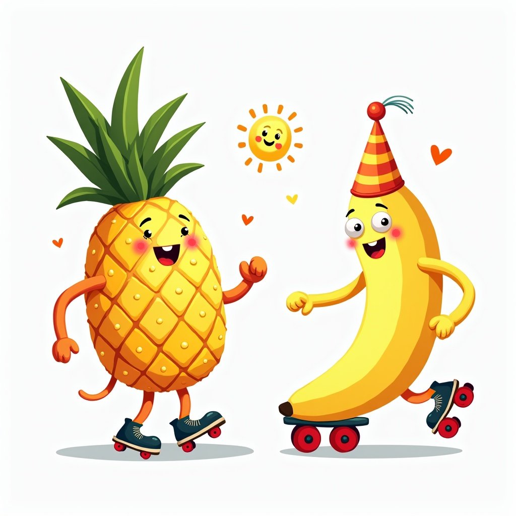 Colorful illustration features smiling pineapple and banana on roller skates. Banana wears party hat. Bright and cheerful background with sun and hearts.