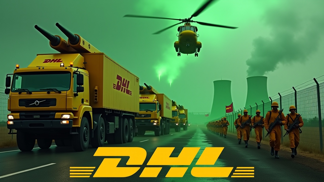 In a dramatic scene, several large yellow armored trucks equipped with big roof-mounted cannons drive up to a fence. The sides of the trucks show the DHL logo. Nearby, several soldiers wearing yellow uniforms and holding rifles are seen marching together in unison. At least one soldier is holding a flag with the DHL logo. In the background, we can see the prominent smokestacks of a nuclear power plant, glowing green. The sky is awash with an evil green glow, and a large yellow Chinook CH-47 cargo helicopter flies above, adding to the intensity of the scene. At the bottom, we see the DHL logo, displayed in bold, yellow text.