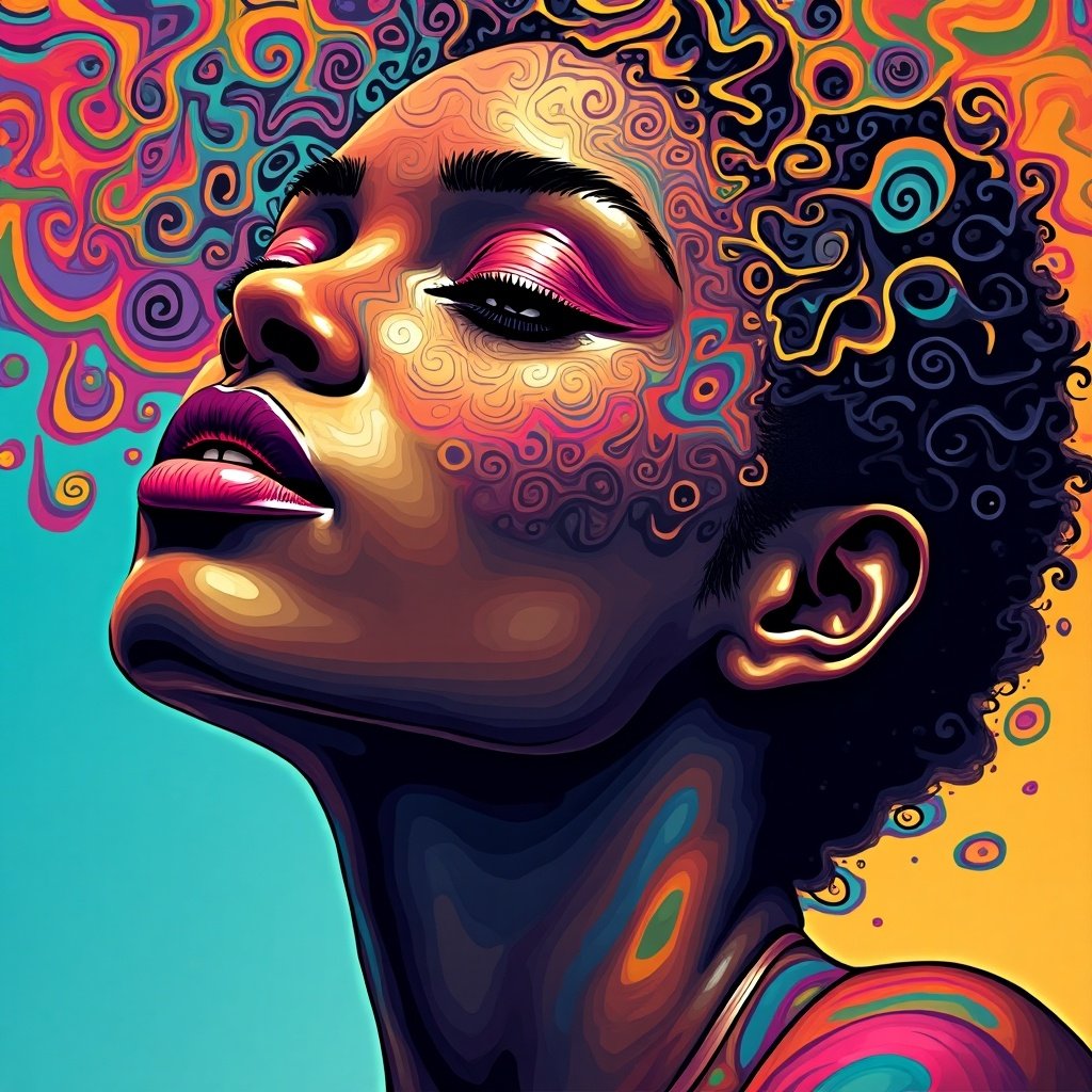 A vibrant portrait of a woman's face blending with psychedelic colors and patterns.