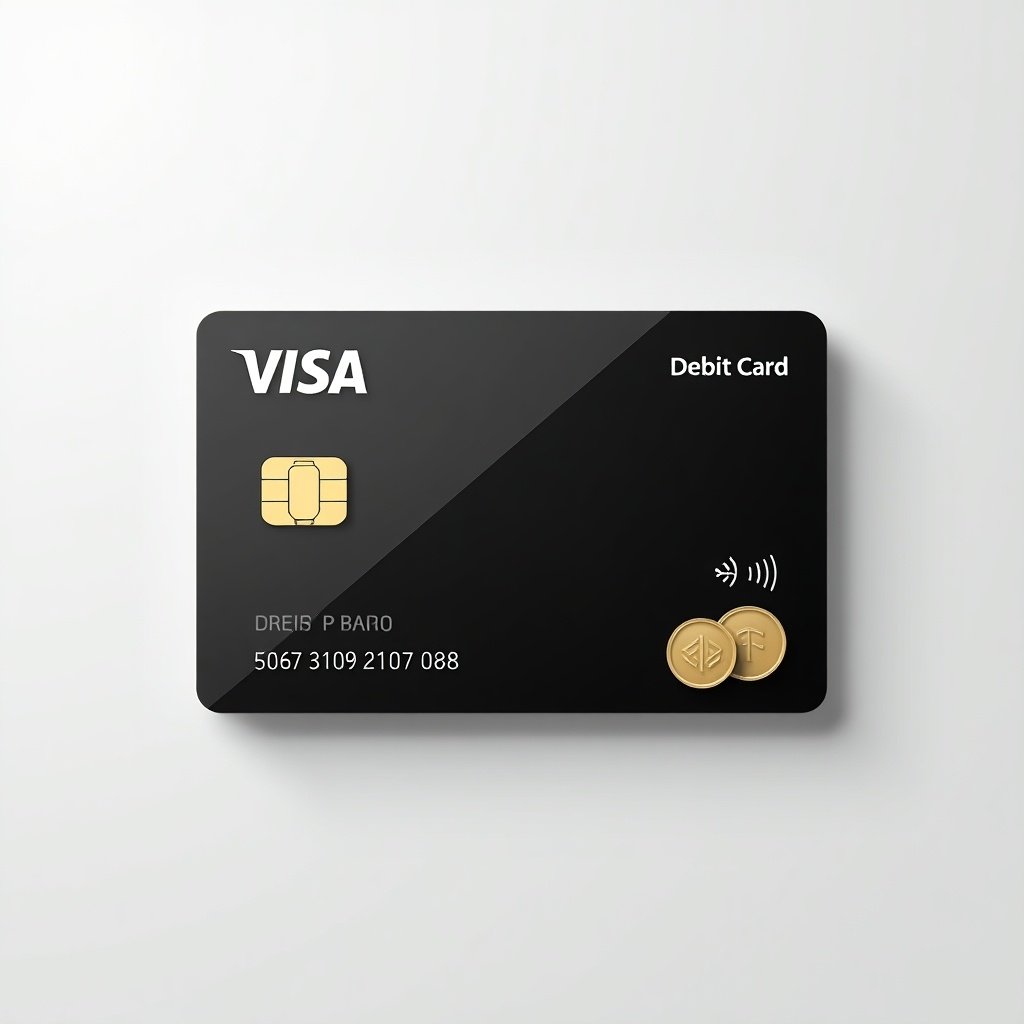 Image features a sleek black Debit card against a white background. Includes a gold chip and magnetic stripe. Two gold coins are present. Card number and name are displayed. The image suggests modern banking sophistication.