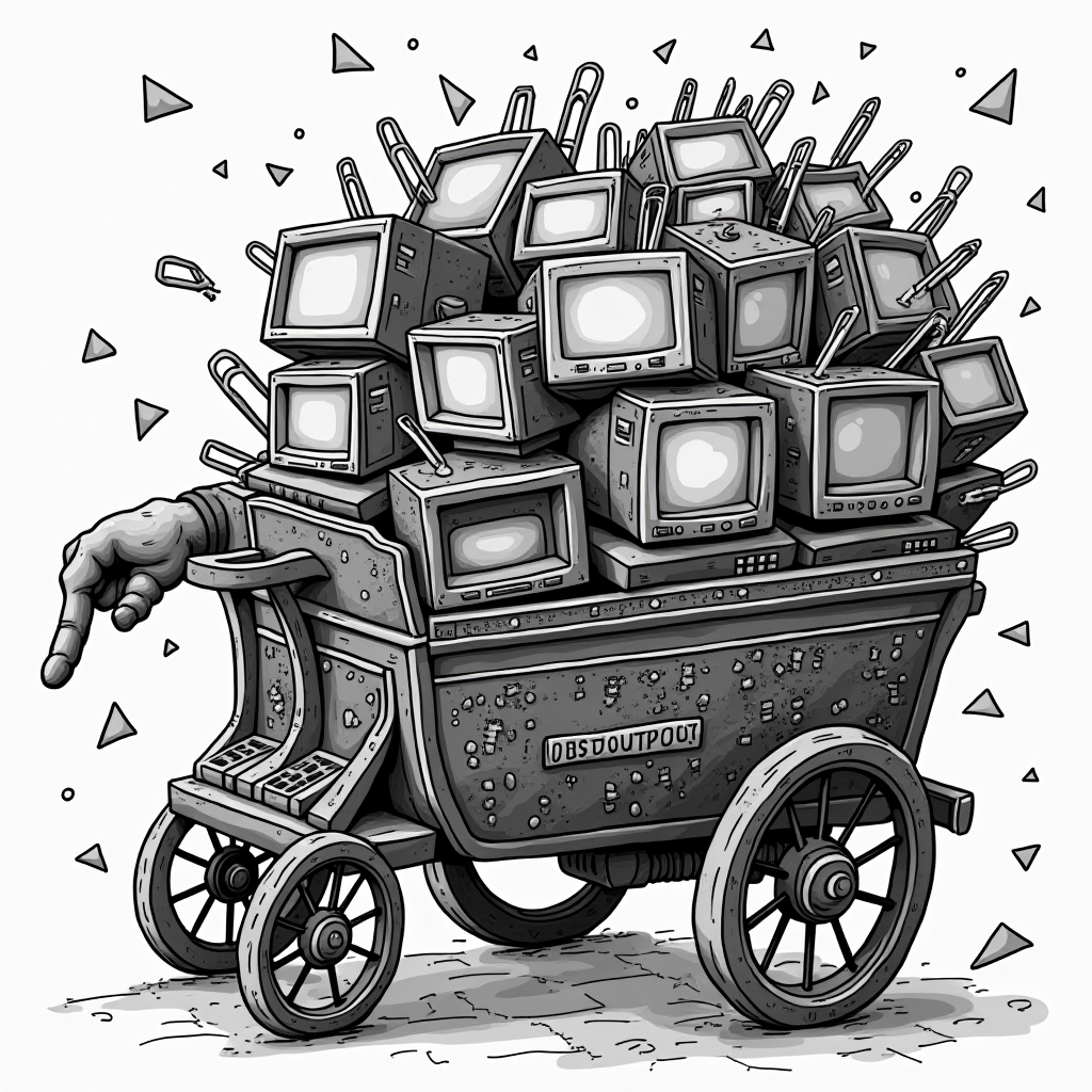 The image features a unique, surreal cart filled to the brim with multiple old television sets. The cart, which appears to be quite rustic and mechanical, is mounted on four wheels and seems to be hand-drawn in a detailed, monochromatic sketch style. One prominent detail is a gloved hand emerging from the cart's side, pointing outward as if indicating direction or purpose. The background is sparse, filled with geometric shapes like triangles and dots that add to the whimsical and dreamlike quality of the image. The artwork combines elements of vintage technology and abstract art, creating an atmosphere of nostalgia and intrigue.