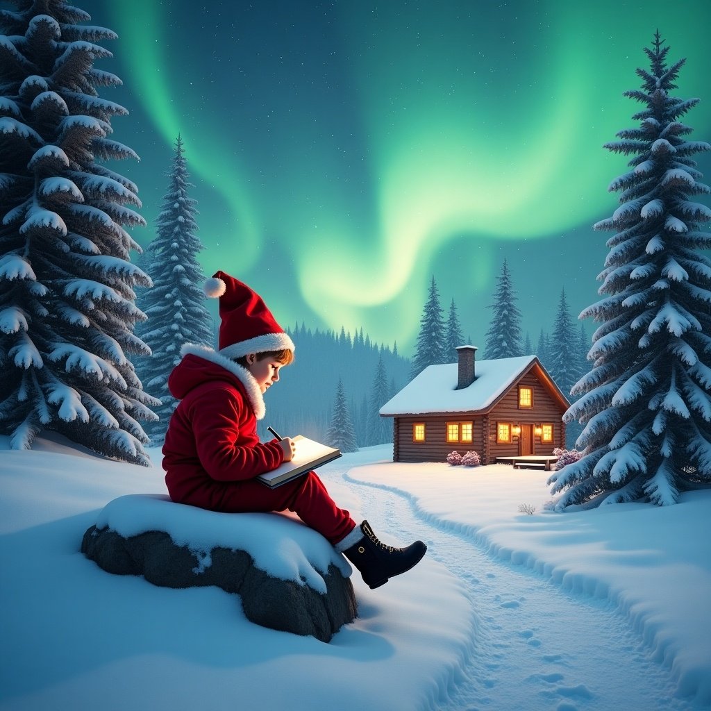 An enchanting winter scene unfolds with a child dressed as a festive elf, intently writing in a book while sitting on a snowy rock. Above, the sky is alight with vibrant northern lights, creating a magical atmosphere. In the distance, a cozy cabin radiates warmth, surrounded by tall evergreen trees dusted with sparkling snow. The serene landscape embodies the essence of the holiday season. The elf’s red attire stands out against the pure white snow, adding a joyful touch to this idyllic, wintry scene.