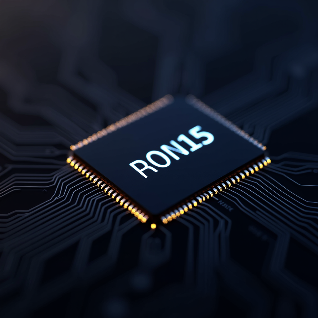 The image depicts a computer chip, prominently positioned slightly above its circuit board. The text "RON15" is printed on the surface of the chip, which is a sleek black with metallic pins extending from its sides, connected to the intricate pathways of the circuitry. The board beneath it is symmetrically designed with dark and light contrasts, giving it a modern and high-tech appearance. The scene is softly lit, accentuating the edges and creating a high-tech, futuristic vibe.