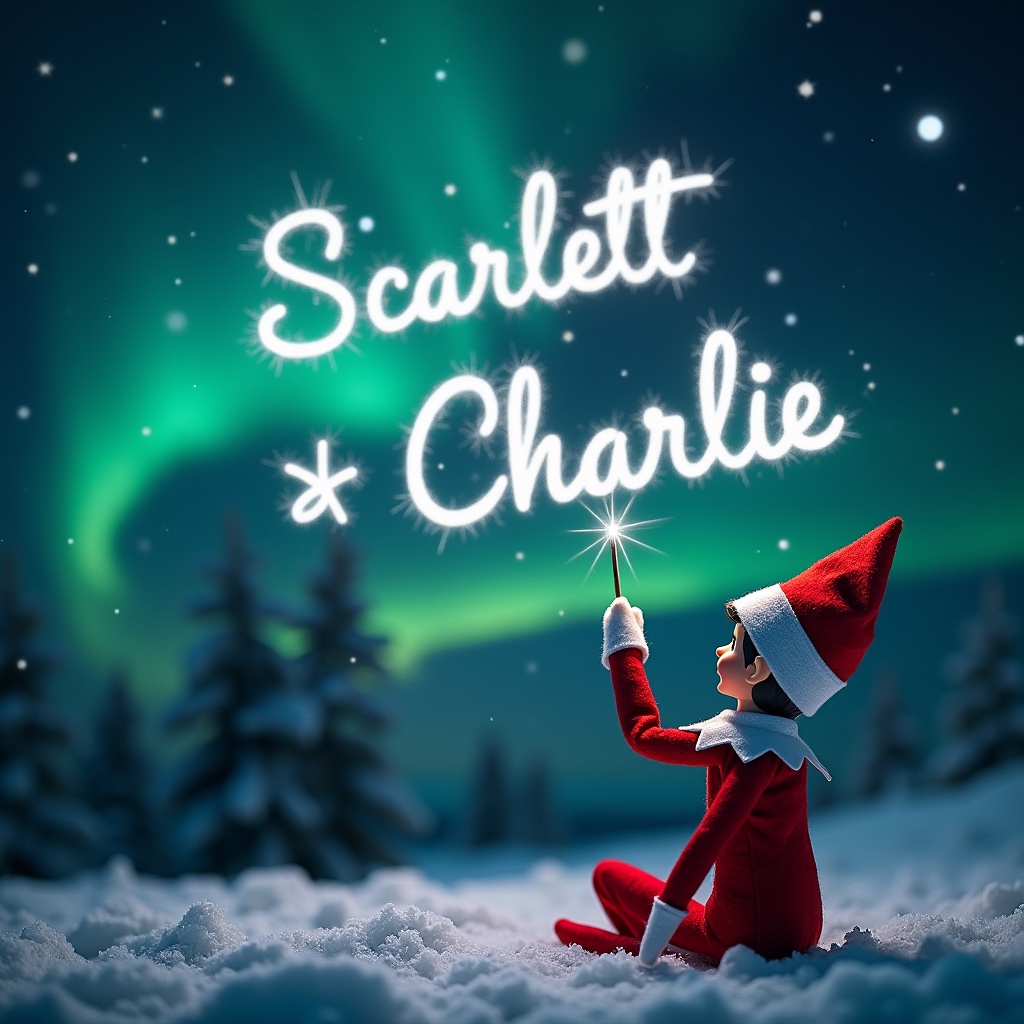 This image showcases an elf on the shelf positioned with its back to the viewer. The elf, dressed in a traditional red outfit, is facing up towards a beautiful dark sky filled with vibrant northern lights. With a magic wand in hand, it is elegantly writing the names Scarlett and Charlie in sparkling letters against the backdrop. The snowy ground adds a serene touch to the magical scene. The overall atmosphere is filled with wonder and holiday joy, perfect for capturing the essence of Christmas.