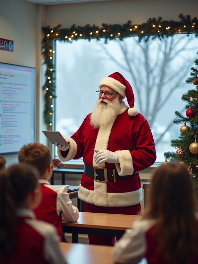 Santa Claus in a polished red suit stands in a modern classroom. The room is decorated for the holidays with a minimalist Christmas tree and elegant ornaments. Santa holds a tablet while gesturing toward a whiteboard. Students in school uniforms sit at their desks, looking at Santa. Outside, gentle snowfall adds to the peaceful winter scene.