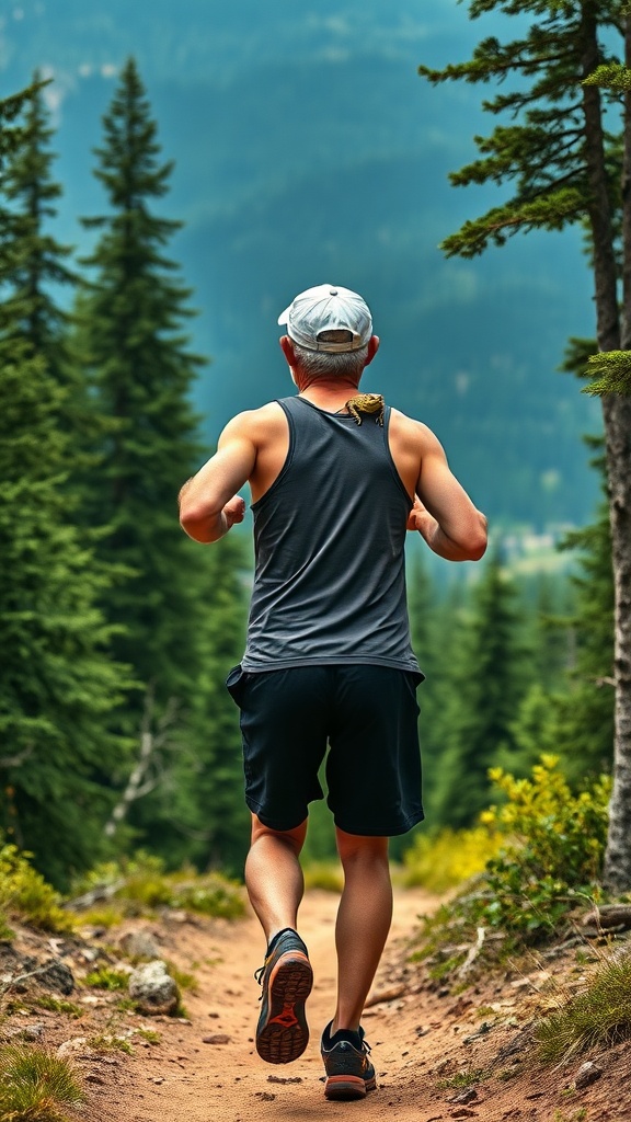 person running on a forest trail with trees and mountains in the background