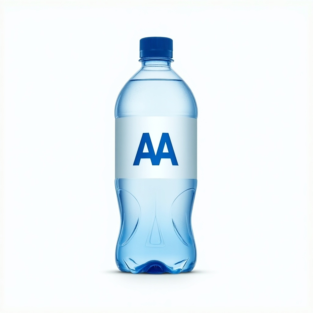 Water bottle with blue label. Large initials AA in center. Emphasize freshness and purity. Minimal design against light background.