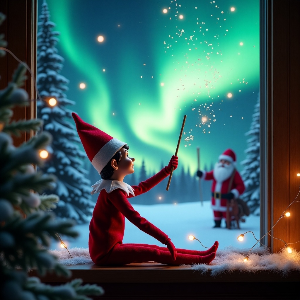 The image features an elf on the shelf sitting on a windowsill, with his back to the viewer. He is gazing up at the sky, using a wand to create magical sparks. The background depicts a captivating Christmas scene with vibrant northern lights illuminating the night sky. Pine trees covered in snow surround the setting, enhancing the holiday atmosphere. The elf's attire is festive, with a bright red outfit and fluffy white trim, embodying the spirit of Christmas.