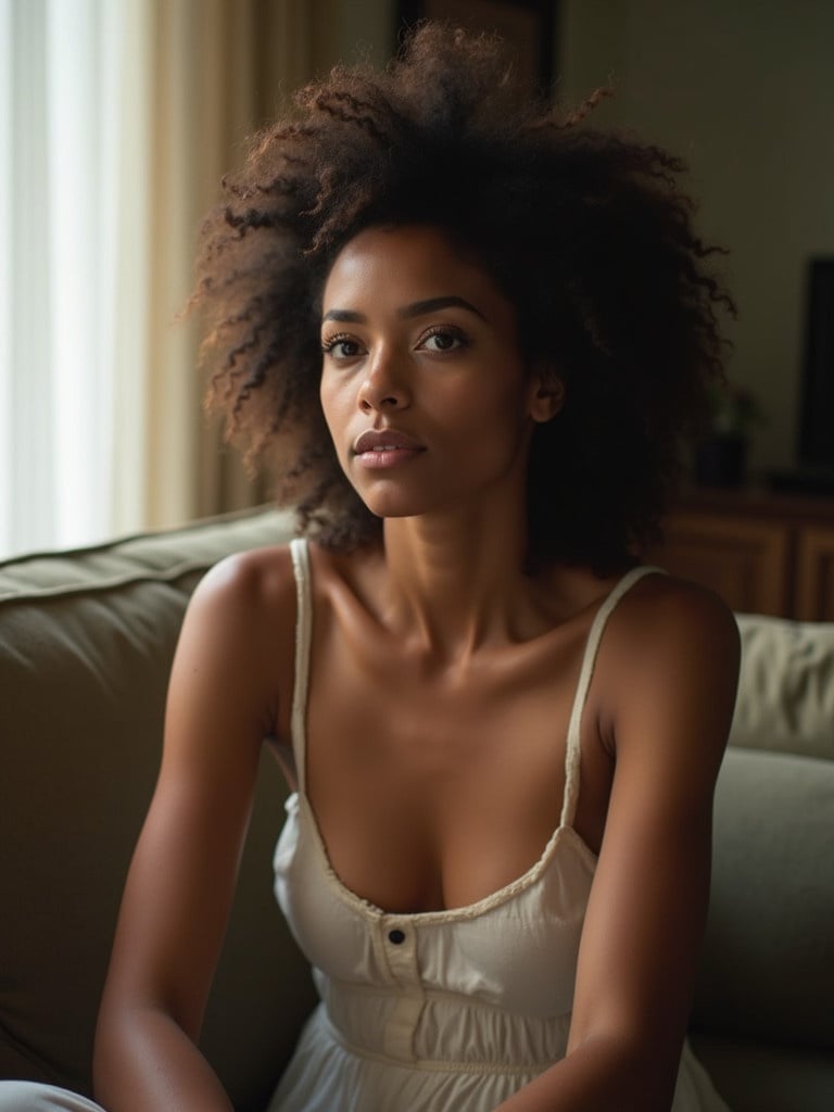 A woman sits comfortably on a couch. She has natural curly hair. The expression is soft and calm. Minimal makeup enhances her natural beauty. Soft light from a window illuminates her, creating an intimate vibe.