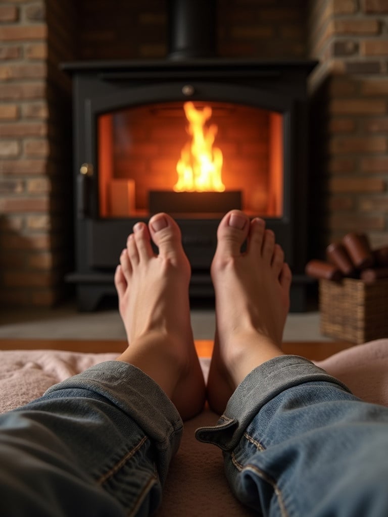 Feet resting on a soft surface by a warm fireplace. The ambiance is cozy and inviting. Brick walls and a mighty fire blaze in the fireplace. Relaxing indoor setting on a winter day.