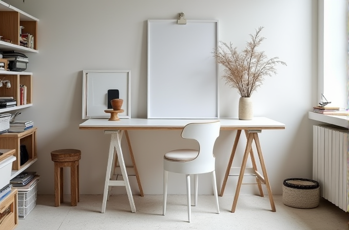 A minimalist workspace with a white desk, wooden sawhorse legs, and neutral decor.