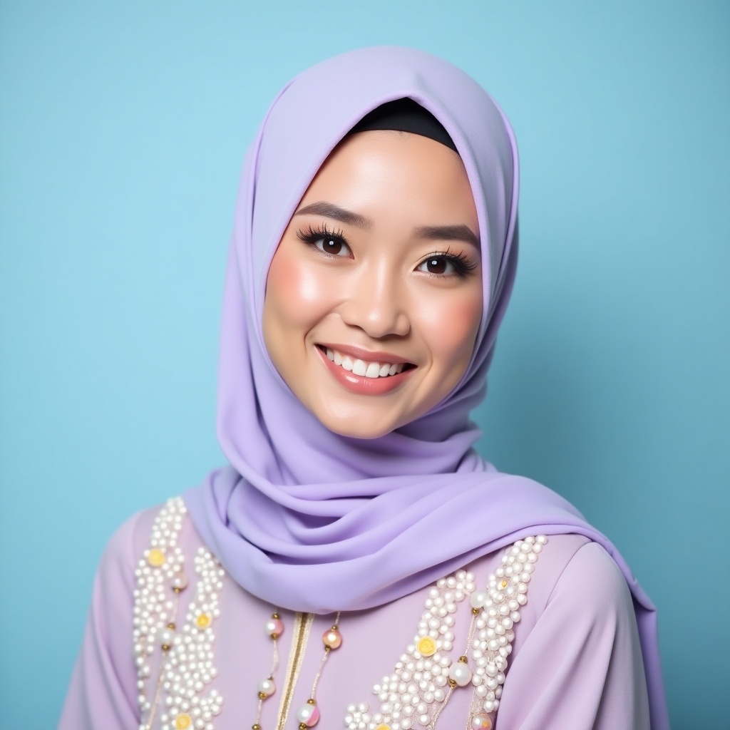 Woman wearing lavender hijab. She smiles at camera. Attire has intricate designs and beads in pearl and pastel colors. Soft blue background enhances the aesthetic. Light makeup enhances natural features. Special occasion or photoshoot setting.