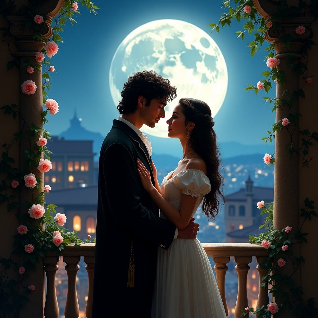 A romantic scene of a couple embracing under a large moon. The setting has a balcony with floral details. The couple is dressed in classic attire.