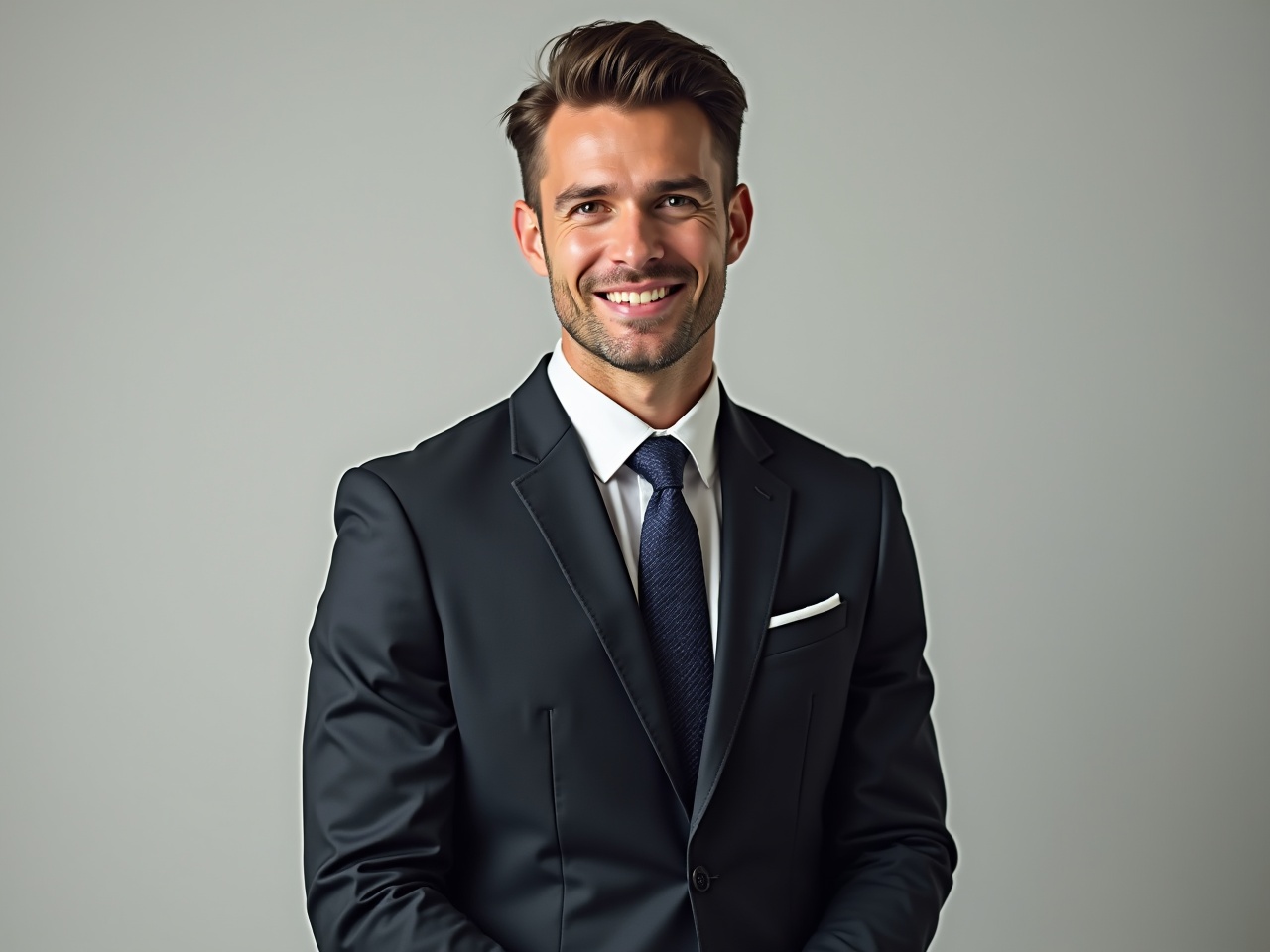 A well-dressed young man smiles confidently in a tailored black suit. He stands against a neutral gray backdrop, which accentuates his professionalism. His hair is neatly styled, complementing his sharp features. The man exudes warmth and an approachable demeanor, suggesting he is ready for a business meeting or networking event. His attire is completed with a crisp white shirt and a navy tie, promoting an image of success and reliability.