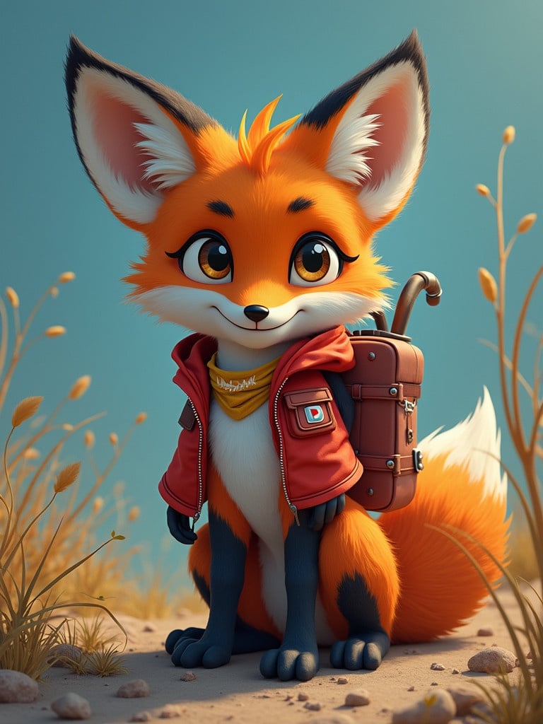 Stylish cartoon fox character with large ears wearing a red jacket and brown backpack. Cartoonish expression. Surrounded by grass and warm sunlight.