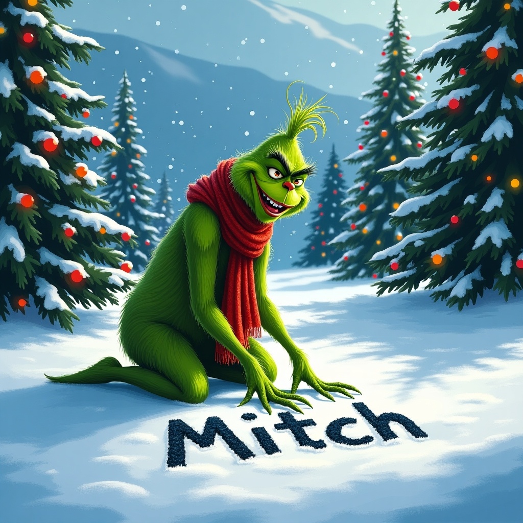 Grinch outside in snow with Christmas trees. Grinch writing name Mitch in snow. Scene with snow-covered hills and evergreen trees. Grinch is green with red scarf.