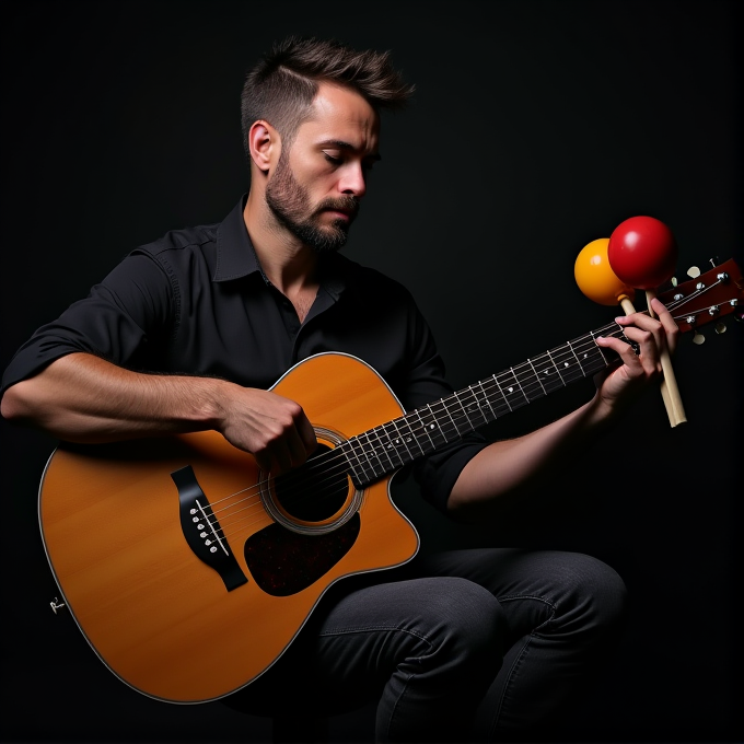 A man plays an acoustic guitar while holding maracas, blending string and percussion instruments against a dark background.